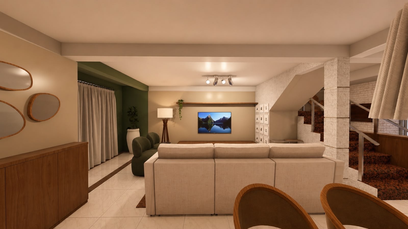 Imagem 3D da sala integrada com sofá e poltronas