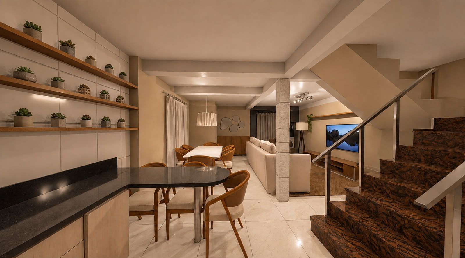 Imagem 3D da área social com cozinha, sala e escada