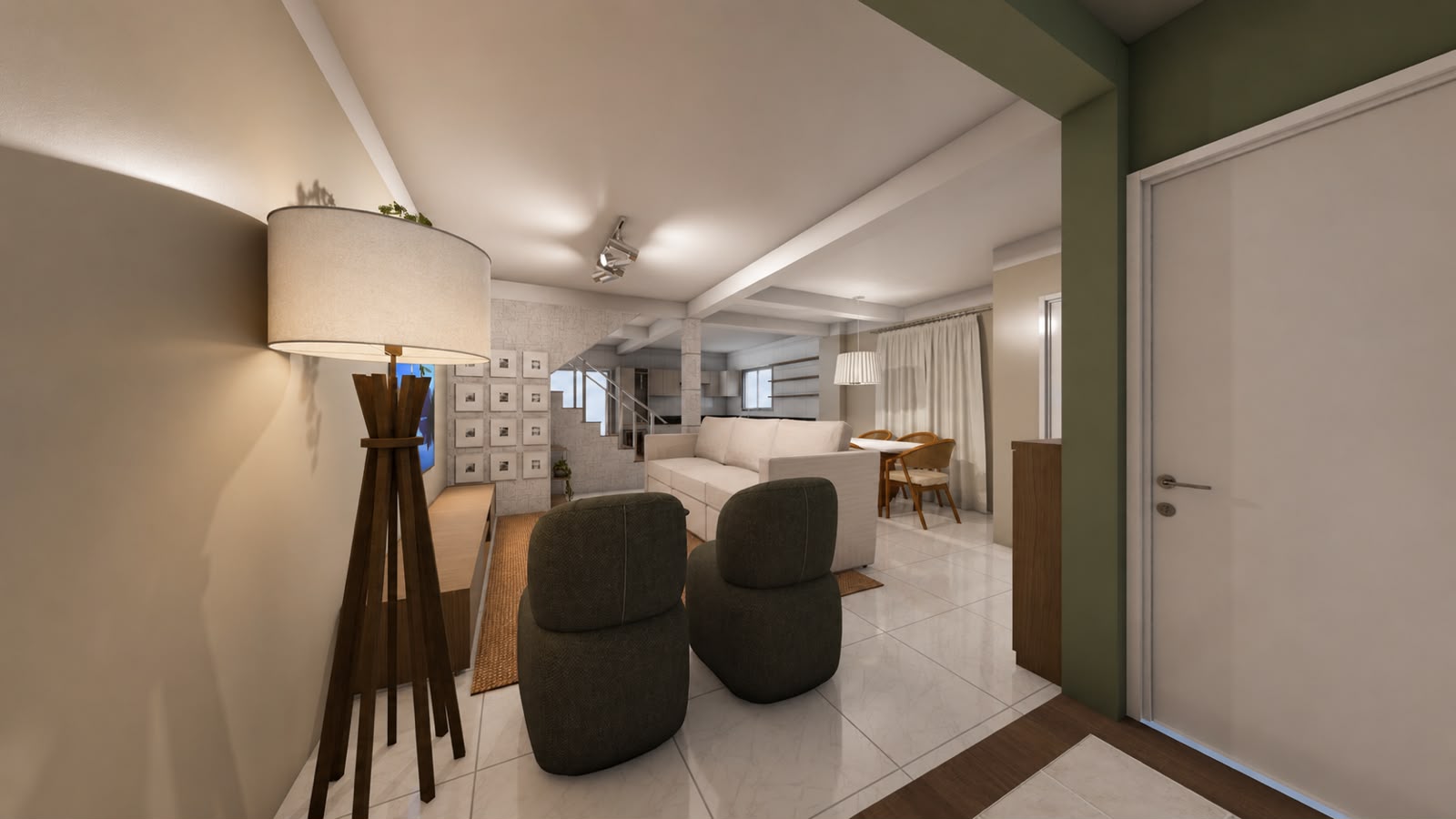 Imagem 3D do ambiente com luminária de pé e poltronas